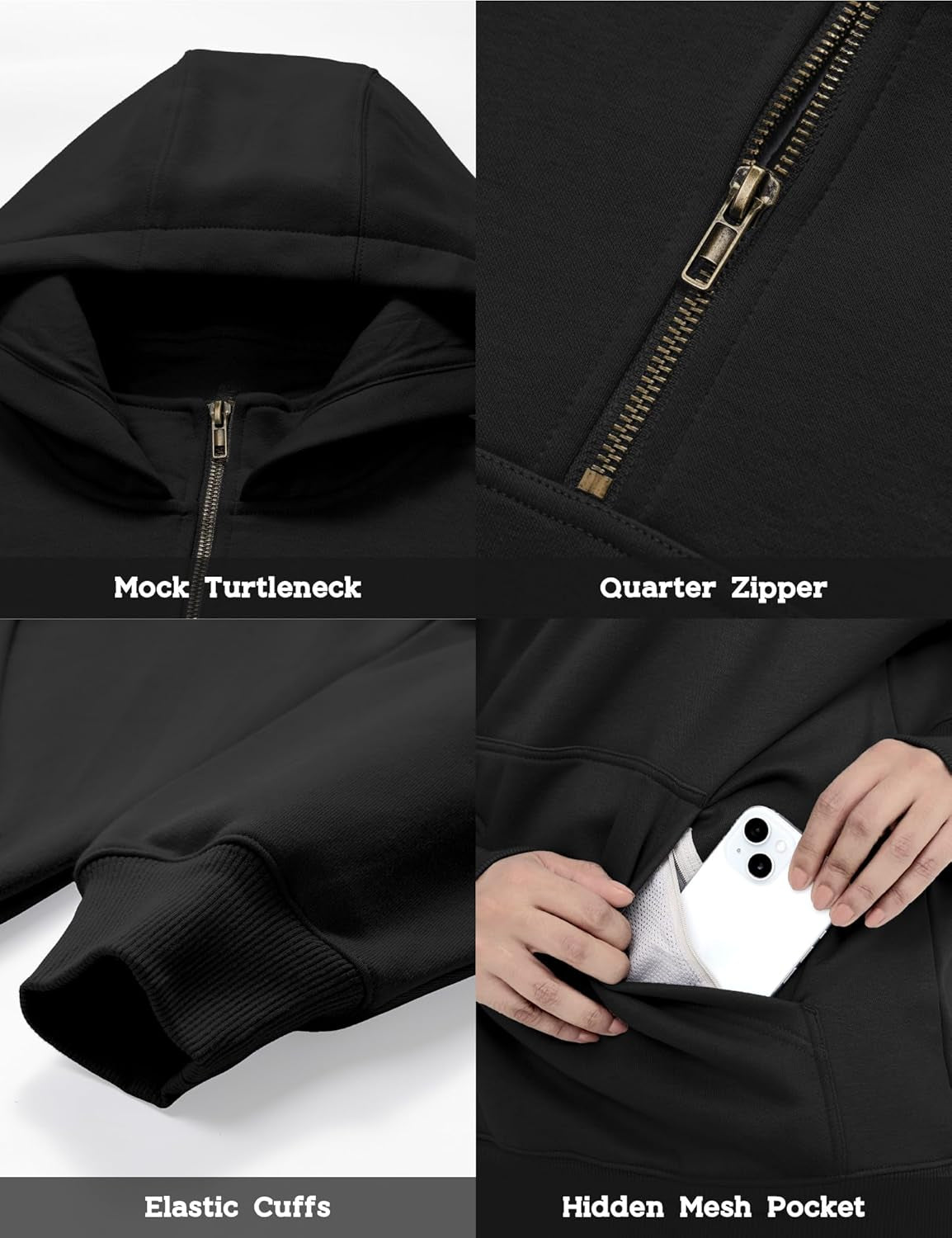 Mens Quarter Zip Hoodie with Hidden Pocket Waterproof Zip up Hoodies Heavyweight Mock Neck Zipper Sweatshirts