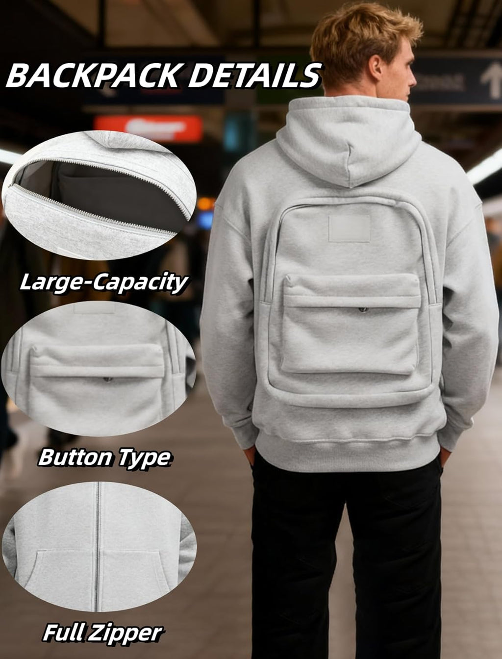 Backpack Hoodie Travel Hoodies with Hidden Pockets Comfort Zipper Pullover Hooded Sweatshirt for Men Women Outdoor Vacation