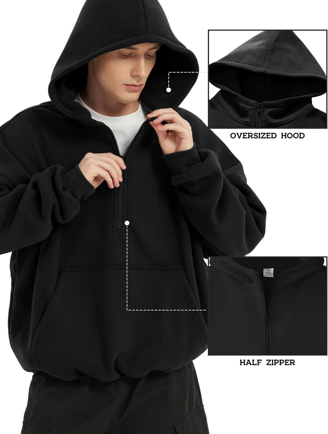 Mens Hoodies Half Zip up Oversized Sweatshirts Fleece Cotton Quarter Zip Hoodie Pullover Fall Winter Outfit