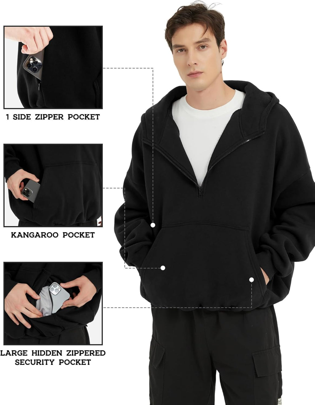 Mens Hoodies Half Zip up Oversized Sweatshirts Fleece Cotton Quarter Zip Hoodie Pullover Fall Winter Outfit