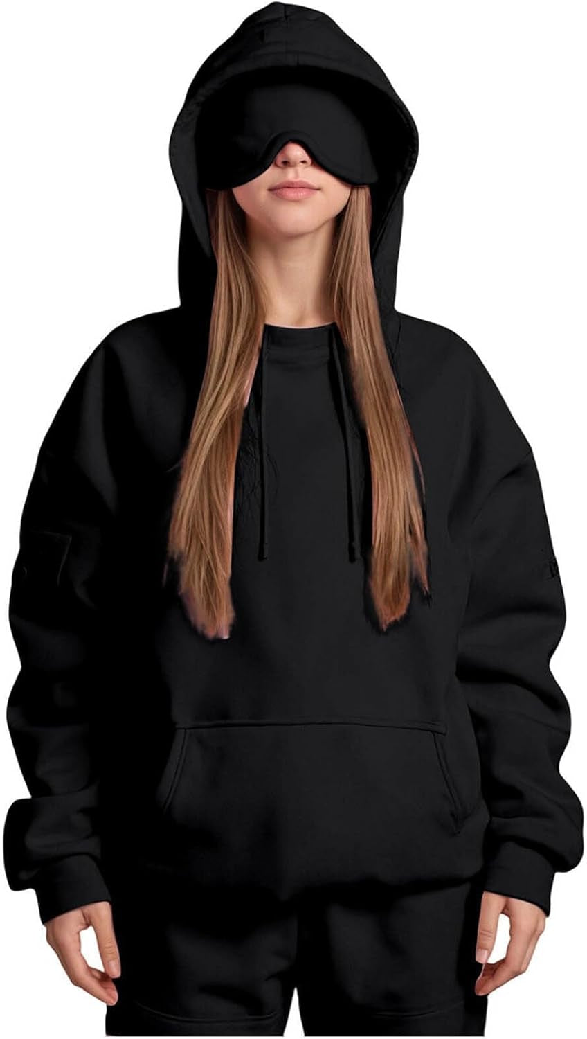 Hoodie with Eye Mask Travel Built in Comfort Airplane Mode Sweatshirt with Hidden Pocket Wearable Blanket Pullover for Women