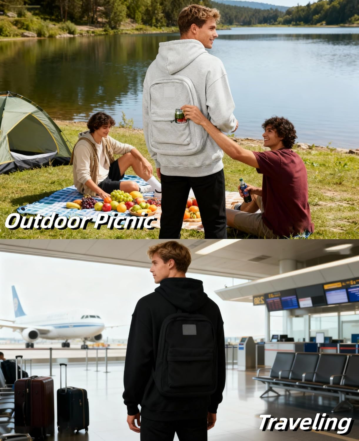 Backpack Hoodie Travel Hoodies with Hidden Pockets Comfort Zipper Pullover Hooded Sweatshirt for Men Women Outdoor Vacation