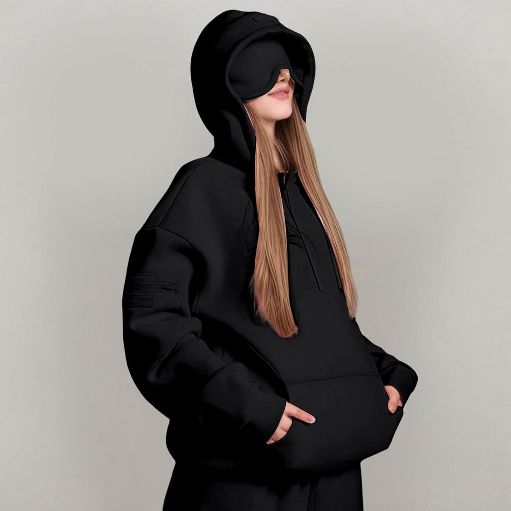 Hoodie with Eye Mask Travel Built in Comfort Airplane Mode Sweatshirt with Hidden Pocket Wearable Blanket Pullover for Women