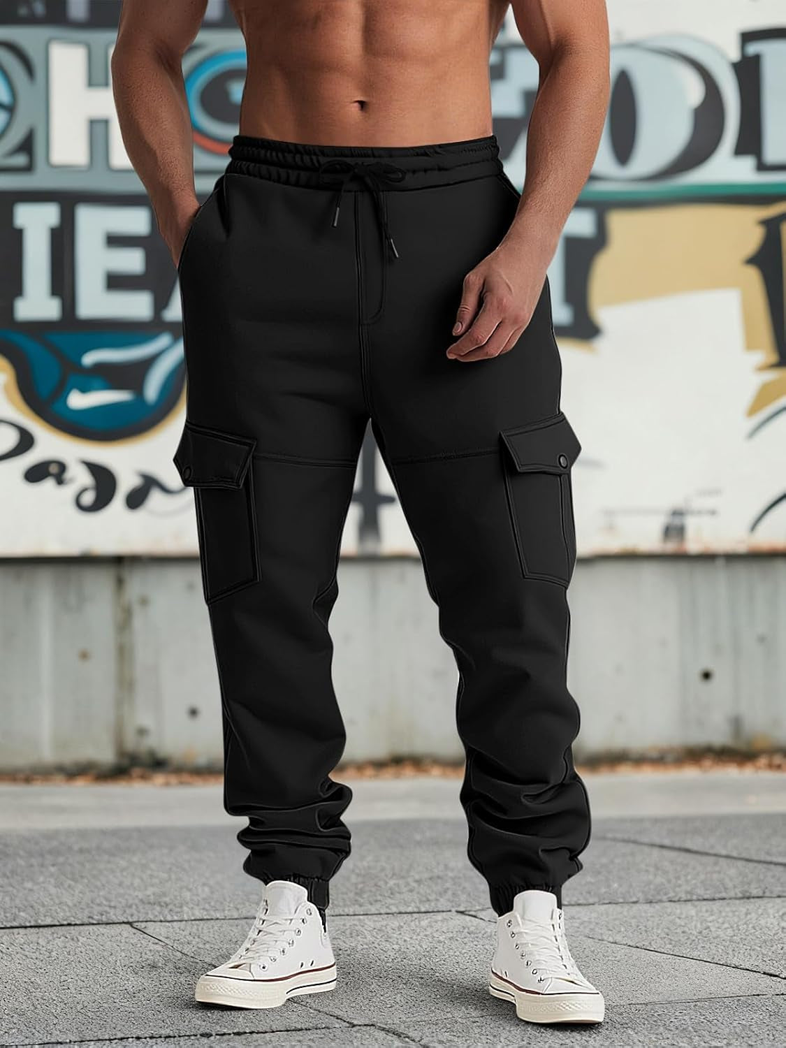 Mens Fleece Lined Sweatpants Warm Winter Athletic Jogger Pants with 6 Pockets Drawstring Outdoor Trousers