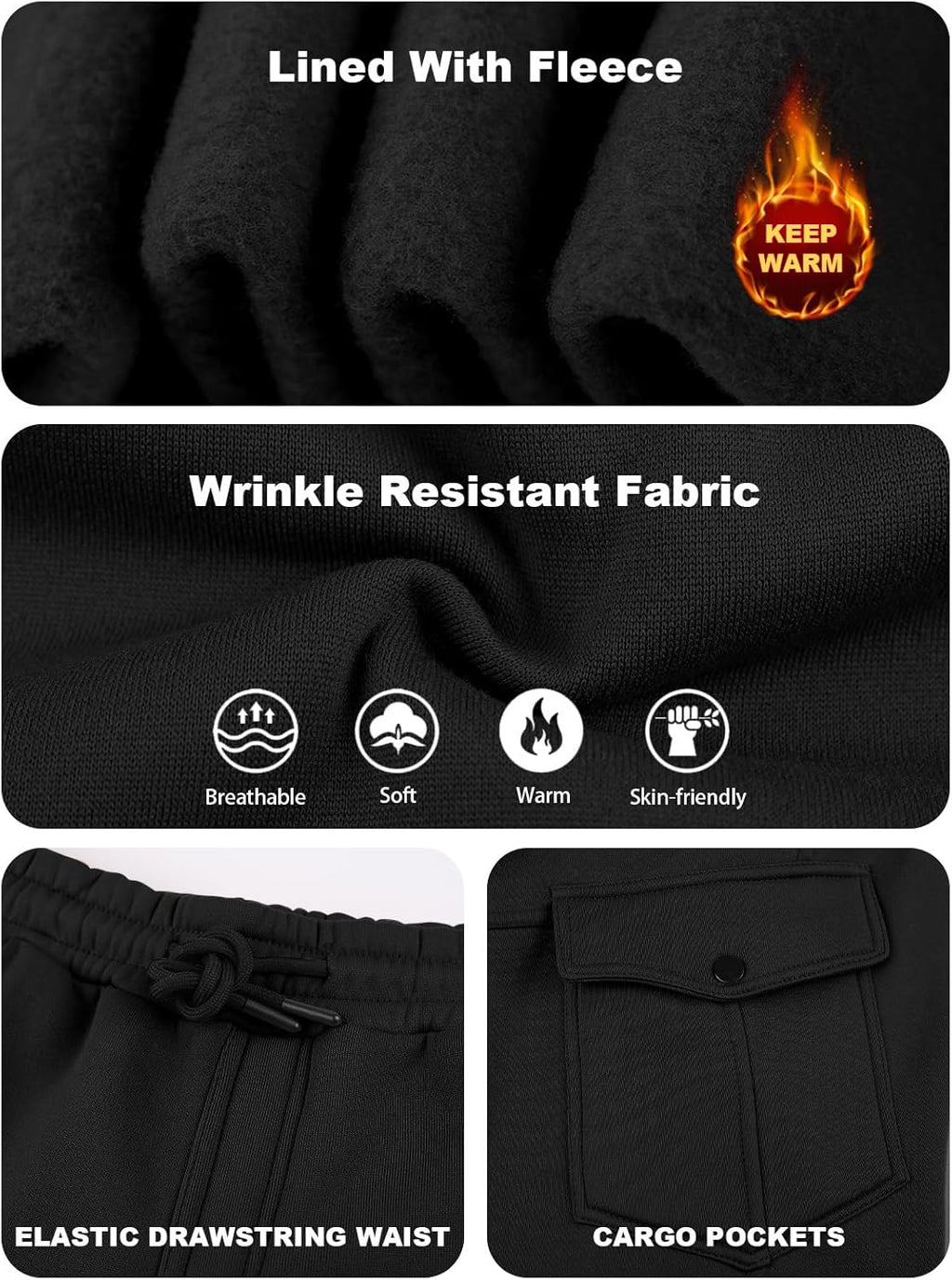 Mens Fleece Lined Sweatpants Warm Winter Athletic Jogger Pants with 6 Pockets Drawstring Outdoor Trousers