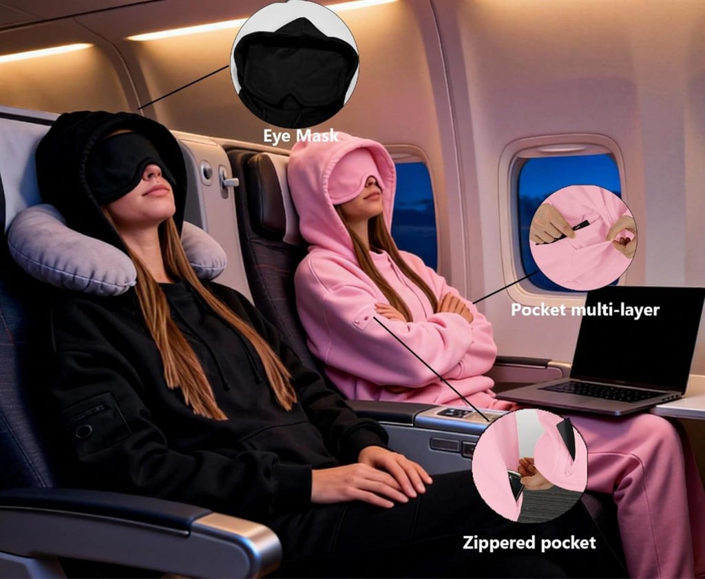 Hoodie with Eye Mask Travel Built in Comfort Airplane Mode Sweatshirt with Hidden Pocket Wearable Blanket Pullover for Women