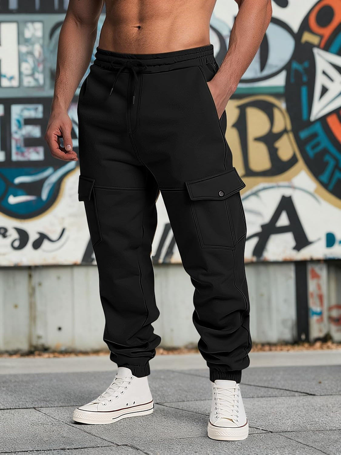 Mens Fleece Lined Sweatpants Warm Winter Athletic Jogger Pants with 6 Pockets Drawstring Outdoor Trousers